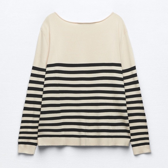 Zara cream and black stripe knit top Long sleeve round neck sweater size medium - Picture 1 of 9